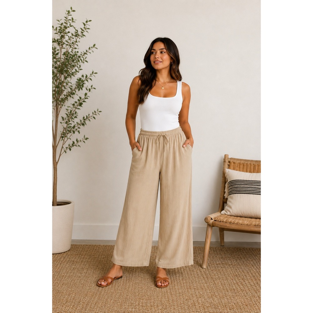 Fashion Be Yourself Women Tan Cotton Linen Wide Leg Drawstring Pant JL2332-HXY M